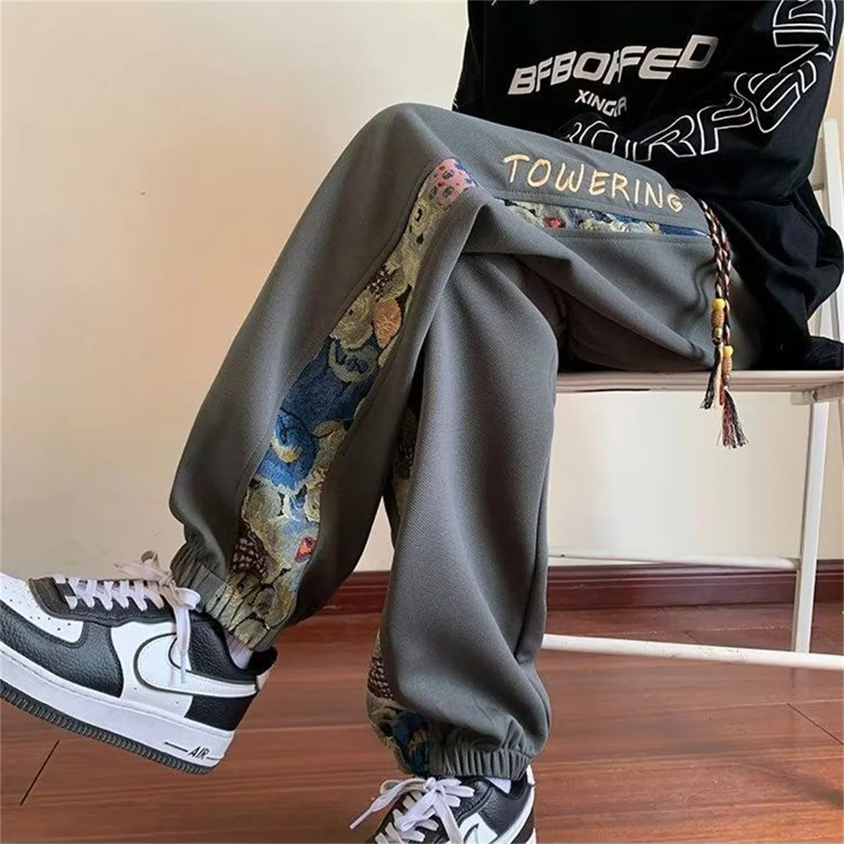 Cute Bear Spring Summer Men Casual Cargo Pants Pockets Black Loose Out Door Elasticity Sports Oversize High Street Pants