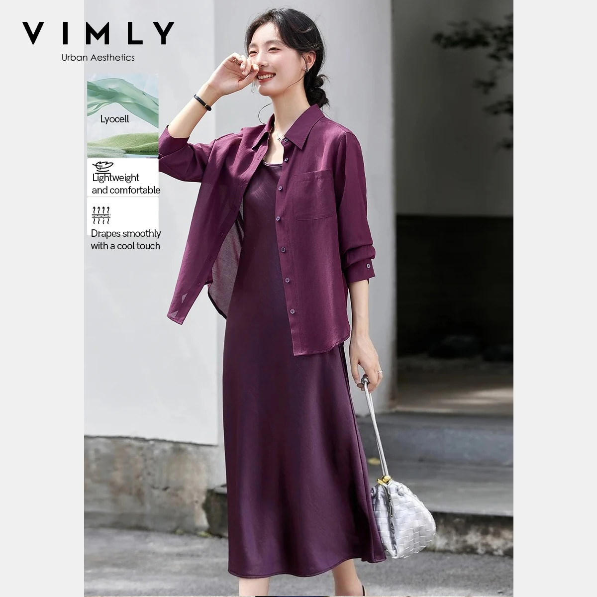 

VIMLY Элегантный французский комплект платьев для женщин, осень 2024, новые повседневные однотонные рубашки с длинными рукавами, пальто миди, свободное платье-комбинация A3052