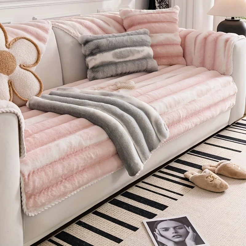 Winter Warm Luxury Printed Rabbit Plush Sofa Towel Thick Non-slip Anti-cat Scratch Sofa Cover Sectional L-shaped Couch Cover