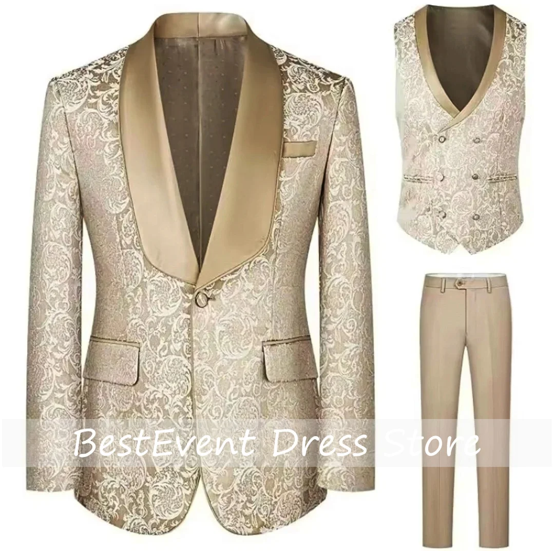 

Champagne Wedding Men Suit One Button Shaw Lapel Blazer Elegant Business Prom Party 3 PCS Jacket Vest Pants Suits Set Customized
