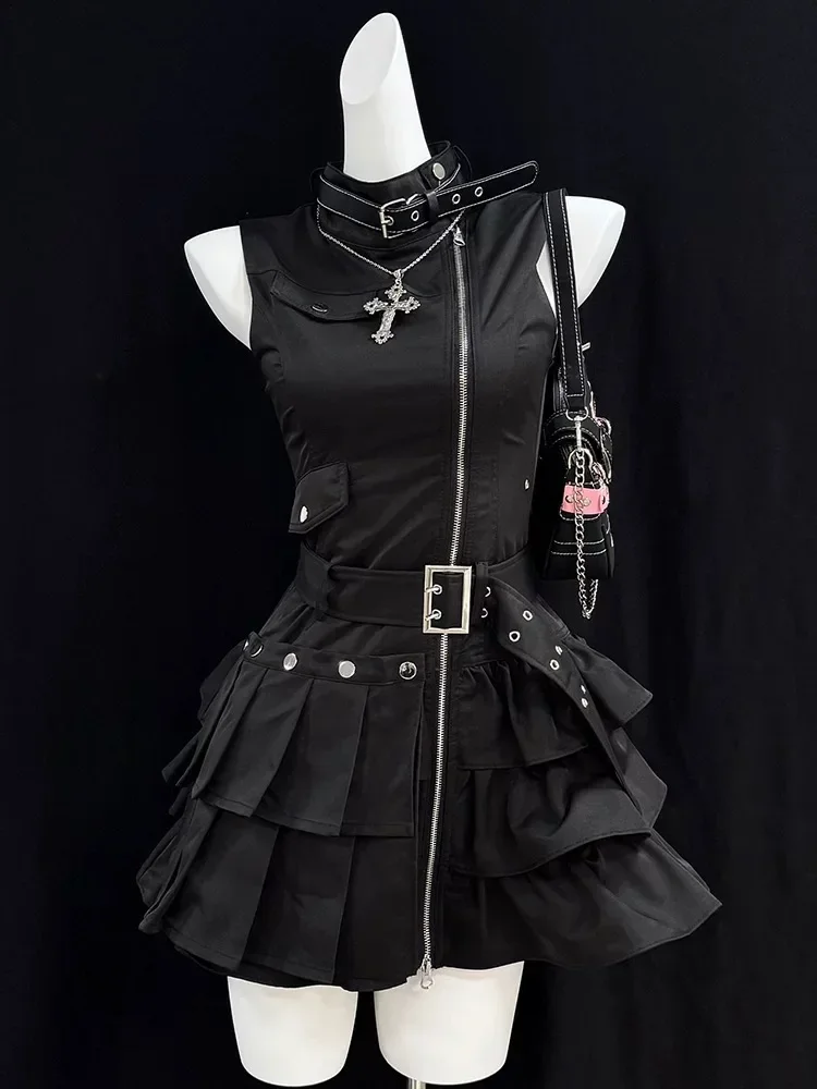 

2025 винтажное тонкое черное платье без рукавов, женское готическое уличное облегающее платье в стиле ретро с рюшами Y2k, шикарный пояс, новая одежда, хит продаж