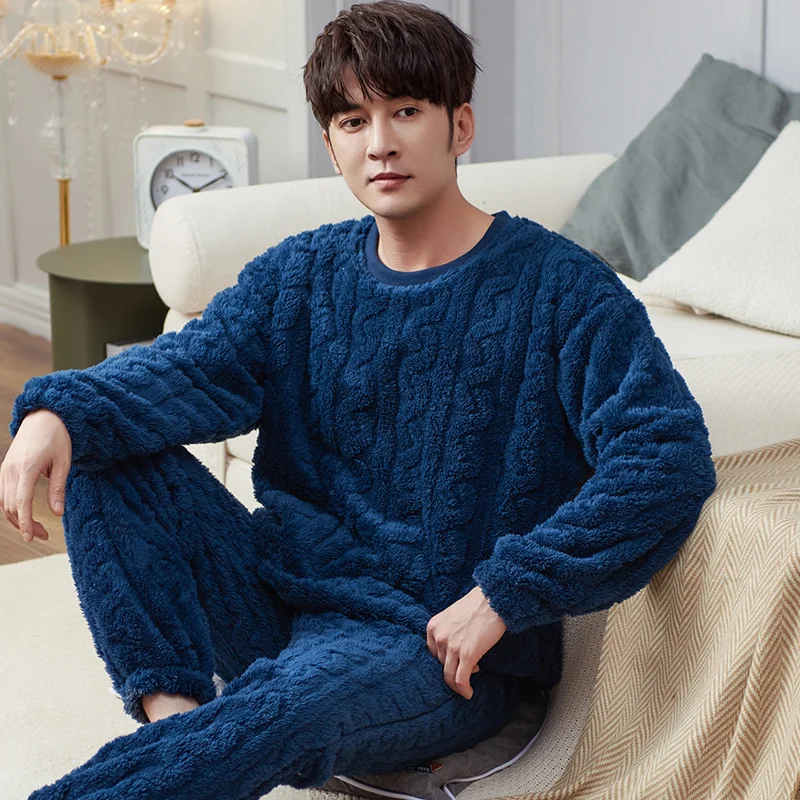 Autumn and winter new flannel men's pajamas pullover round neck men's home wear casual loose fitting men's pajamas