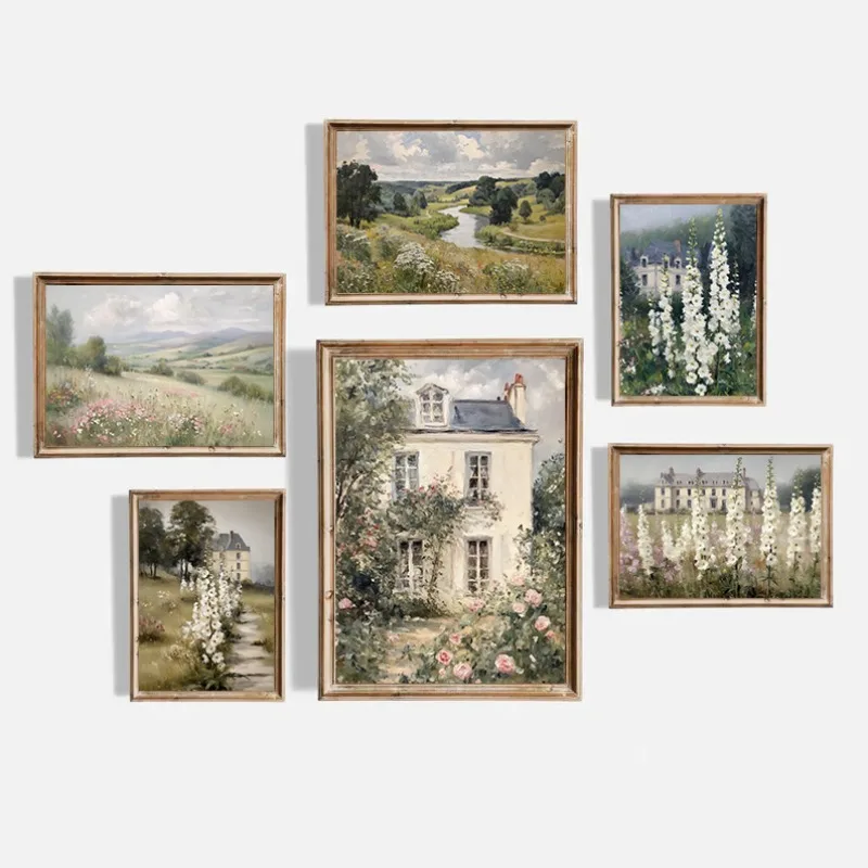 Romantic French Chateau Countryside Paris Cafe Pink Wildflowers Landscape Poster Canvas Painting Wall Art Pictures Home Decor