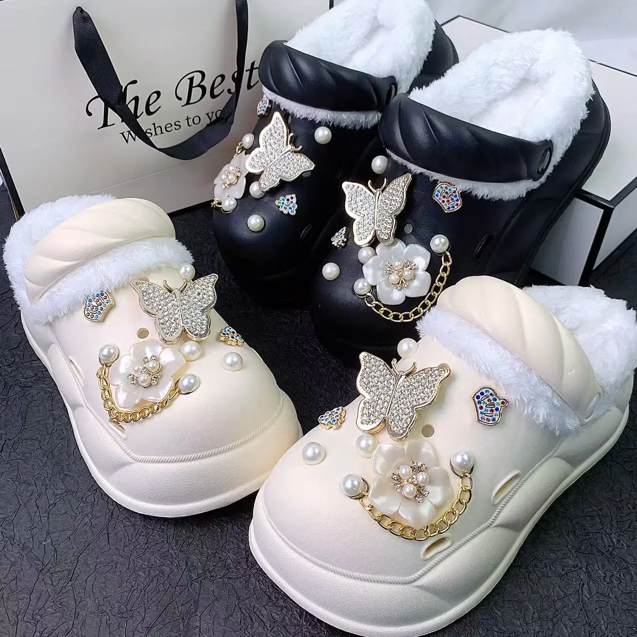 Women's Furry Slippers with Added Fur, Gold Butterfly Colorful Crown Thick-Soled Clogs, Non-Slip, Elevated, Warm, Soft, Suitable for Outdoor and Indoor Use