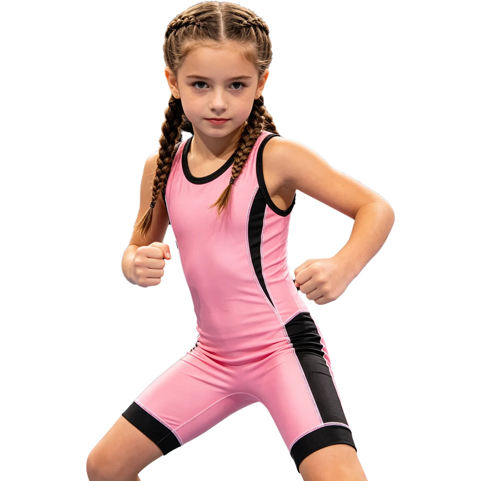 Kinder-Ringertrikot für Jungen und Mädchen, farbblockiert, schnelltrocknend, ärmellos, Oberschenkel-lange Bodysuit für Sport, Training, Übungen und Radfahren – Detail 17