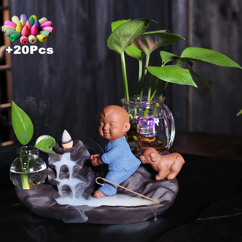 +20Incense Zen Led Windproof Waterfall Backflow Incense Multi-function Landscape Ornament Hydroponics Green Plant Vase