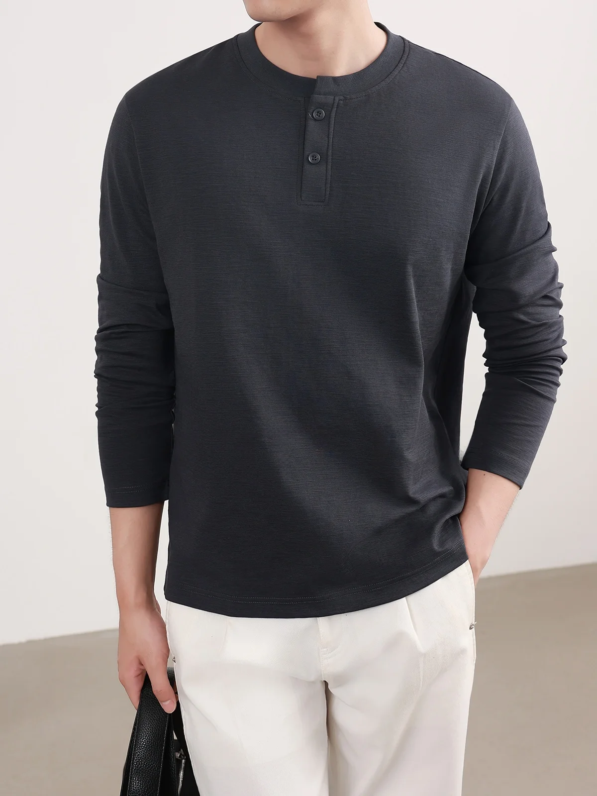Men's Casual Long Sleeve T-Shirt Cotton Polyester Spandex Blend Henry Collar Base Layer Top Skin-Friendly Breathable