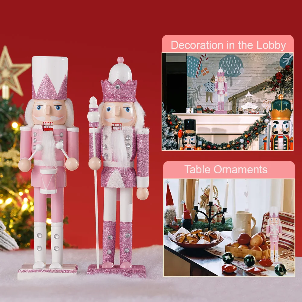 2Pcs 30CM Christmas Nutcracker Pink Glitter Wooden Nutcracker Soldier Puppet Ornament Doll Toy Home Desktop Xmas Decoration Gift