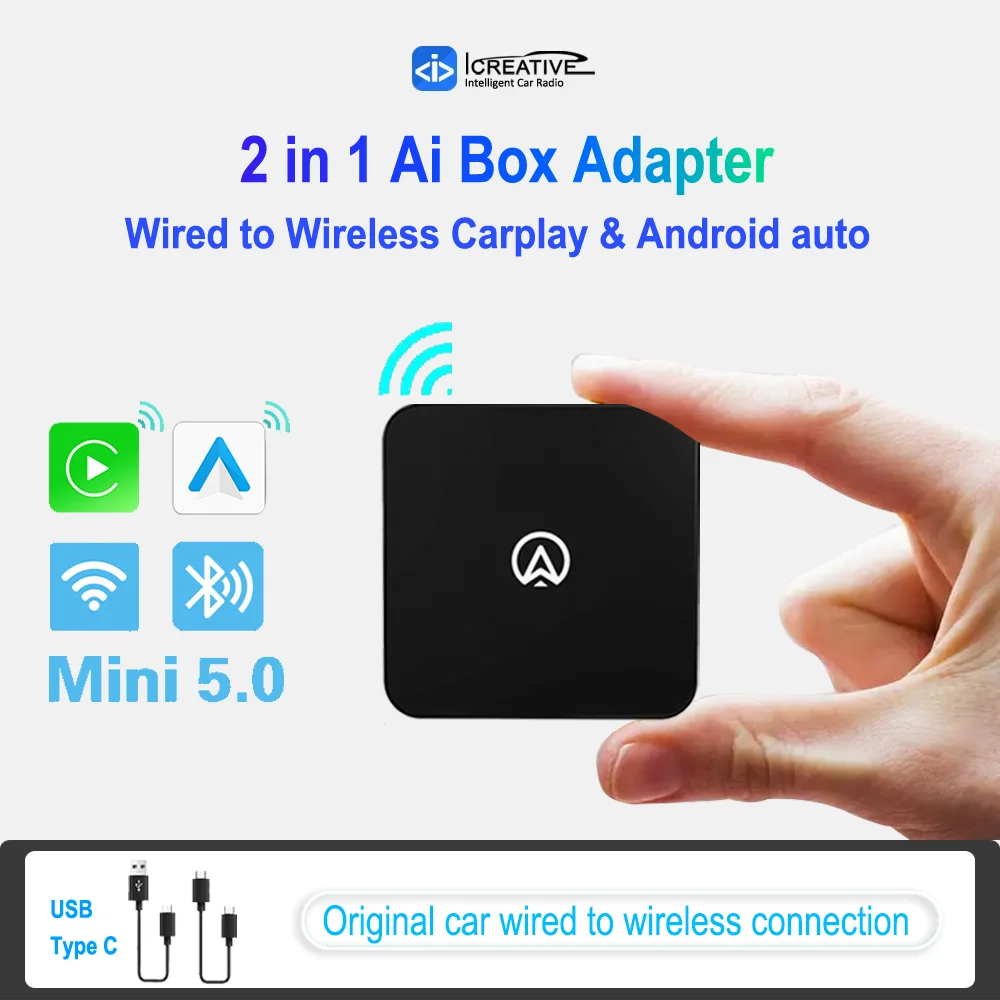 2 in 1 Wireless CarPlay Adapter & Android Auto Wireless Adapter, Plug & Plug for iPhone Wired to Wireless Netflix YouTube