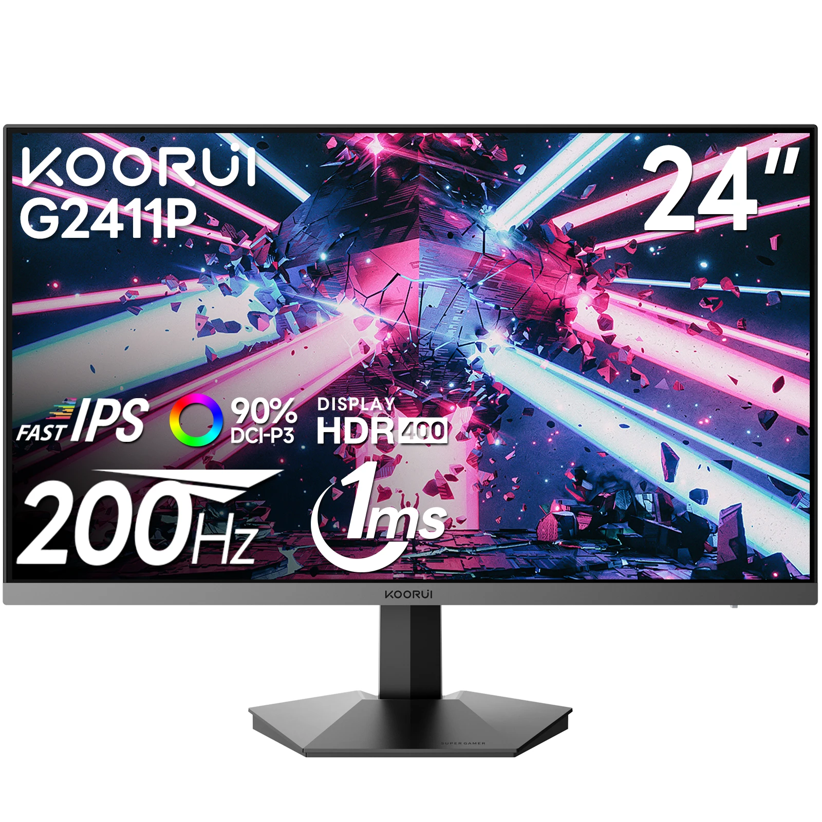 Moniteur de jeu KOORUI G2411P, moniteur d'ordinateur IPS rapide 24", écran FHD HDR400 200 Hz, écran PC 1 ms, gamme couleur 90% DCI-P3,