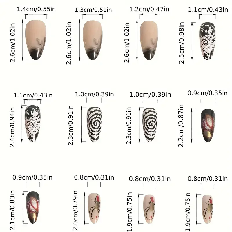 24Pcs Horror Comic Tomie Press on Nails Almond Glossy Black Japanese Anime Nails Reusable Halloween False Nail Tips for Girls