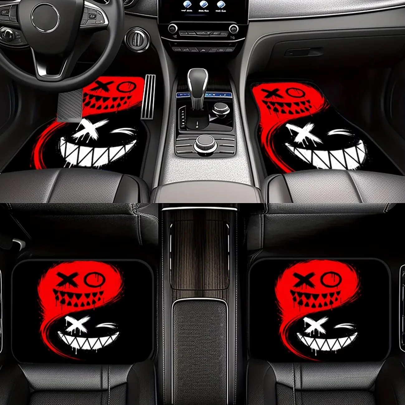 4-Piece Set of Red and Black Graffiti Smiley Face Printed Car Floor Mats, Trendy Street Art Style Interior Decoration, Universal Type for Daily Driving Car Floor Mats