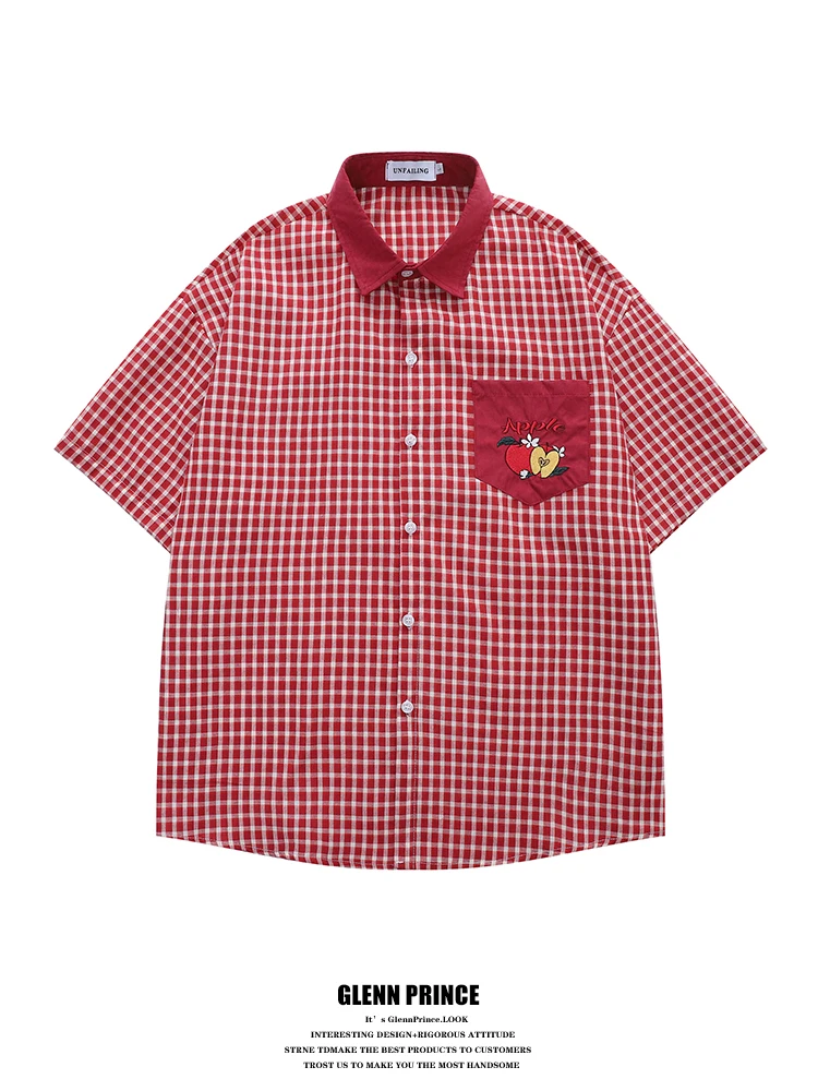 

GPstudio American Retro Red Plaid Short Sleeve Casual Thin Men's Shirt Summer Trendy Design Loose Fit Breathable Cotton Blend