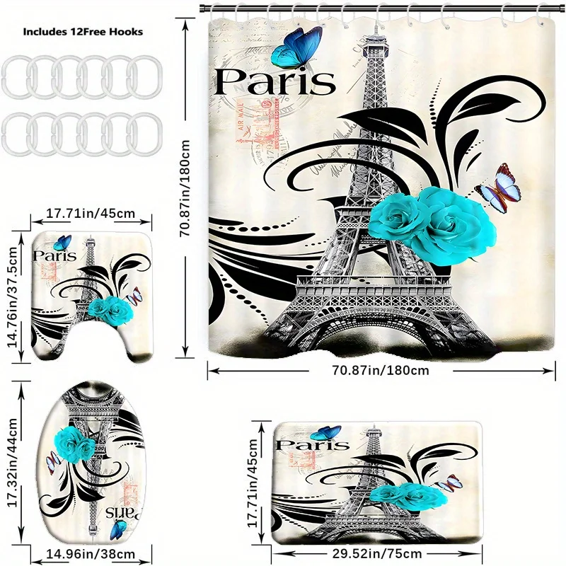 Elegant Parisian Eiffel Tower Shower Curtain Set with 12 Hooks: Includes Toilet Seat Cover, Bathroom Mat, And Non-Slip Rug - Wat