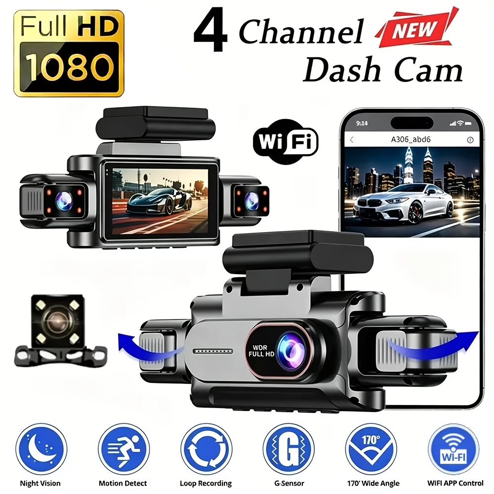Image of 3,16'' IPS 4-Kanal WLAN-Dashcam, 1080P Full HD, 360° ° Panoramaansicht, Nachtsicht, Bewegungserkennung & Schleifenaufzeichnung Auto-DVR