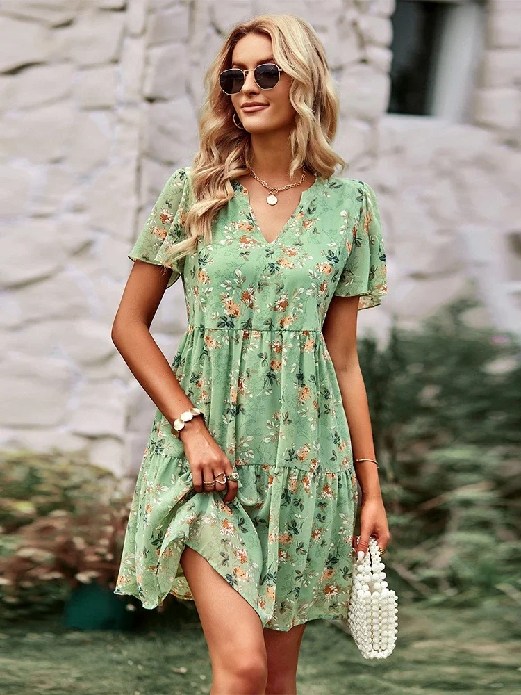 Vestido largo con estampado Floral para mujer, traje holgado de manga corta con cuello en V, moda de primavera y verano