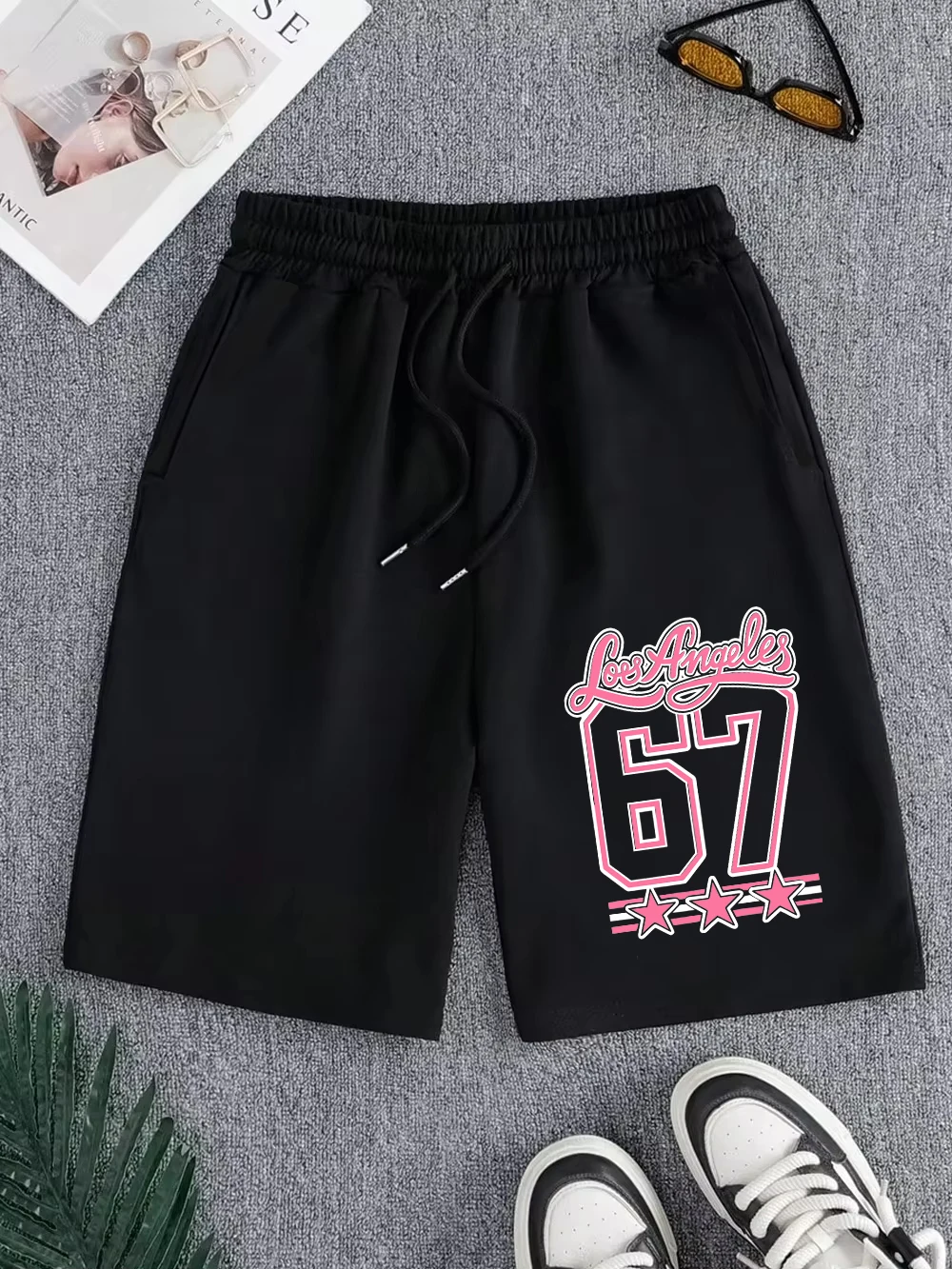Pantalones cortos deportivos con estampado de estrellas Los Ángeles 67 para hombre, con bolsillos, de corte ancho hasta la rodilla, básicos, de cintura alta, ropa de verano de talla grande