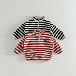 2024 Spring New Baby Long Sleeve Casual Striped Sweatshirt Kids Girls Cotton Tops Children Vintage Zipper Sweatshirt Clothes