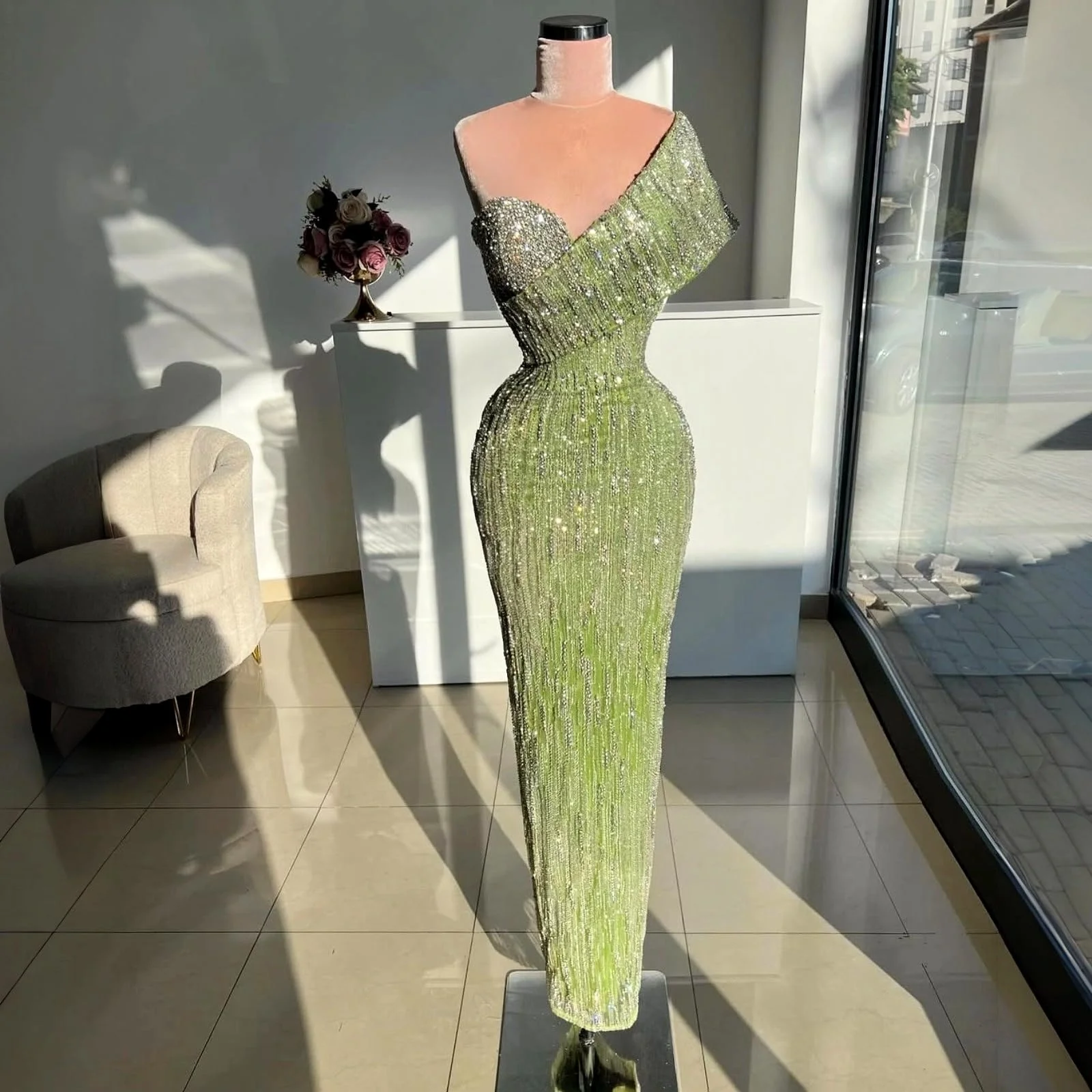 Асимметричное облегающее платье на плечах со стразами Яблочно-зеленое длинное бальное платье для банкета, свадьбы, вечеринки, настраиваемое