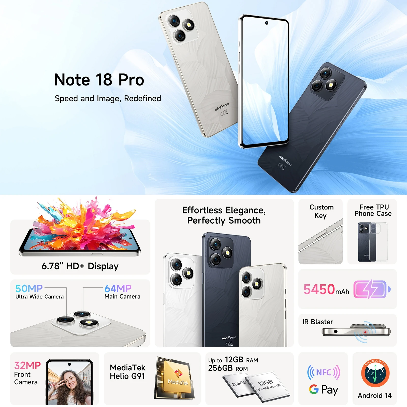 Ulefone Note 18 Pro Smartphone 6.78" 6GB+256GB 64MP Camera 5450mAh Battery 18W MTK Helio G91 NFC 4G Android 14 Mobile Phone