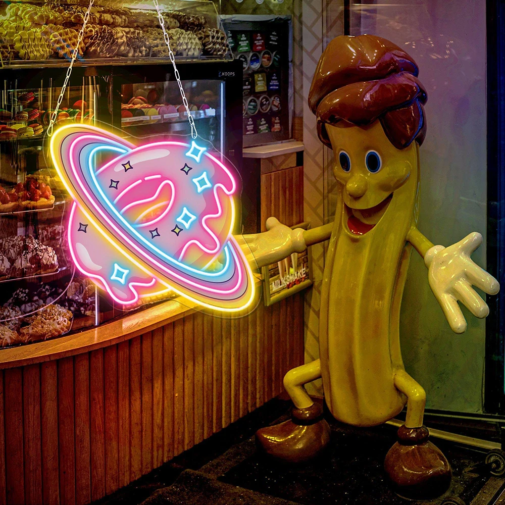 Donut Planet Neon Sign Sweet Food Bakery Shop Window Decor Open Light Sign Custom Kitchen Decoration Welcome LED Neon Light