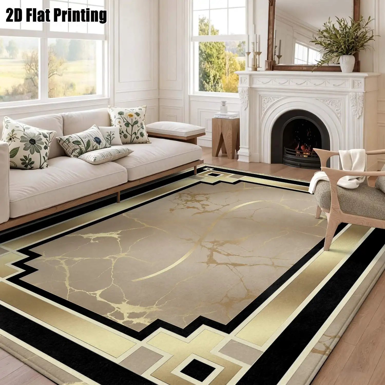 1Pc 2D Printed Carpet with Gold Marble Geometric Border European, Modern Minimalist, Retro Geometric Striped Style, Home Decor, Multi-Size, Machine Washable, for Entrance, Dining Room, Foyer, Bedroom, Living Room.