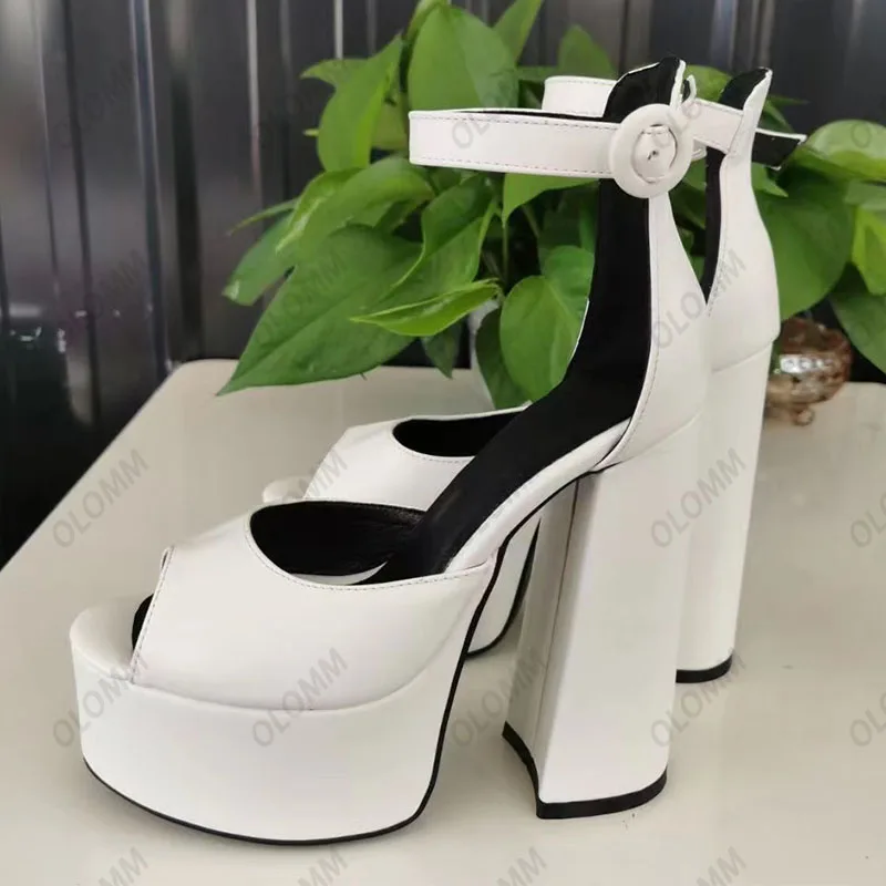 Olomm Handmade Women Summer Sandals Buckle Chunky Heels Peep Toe Beautiful White Ladies Party Shoes US Size 35 43 44 45 46 47