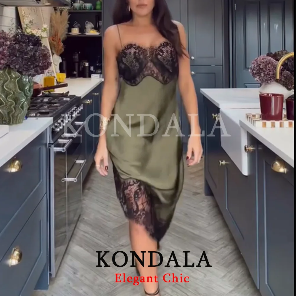 KONDALA Elegante Trendy Dame Kant Midi Cami Jurk Asymmetrie Jurk 2026 Lente Zomer Mode Etentje Mujer Jarretel Jurk