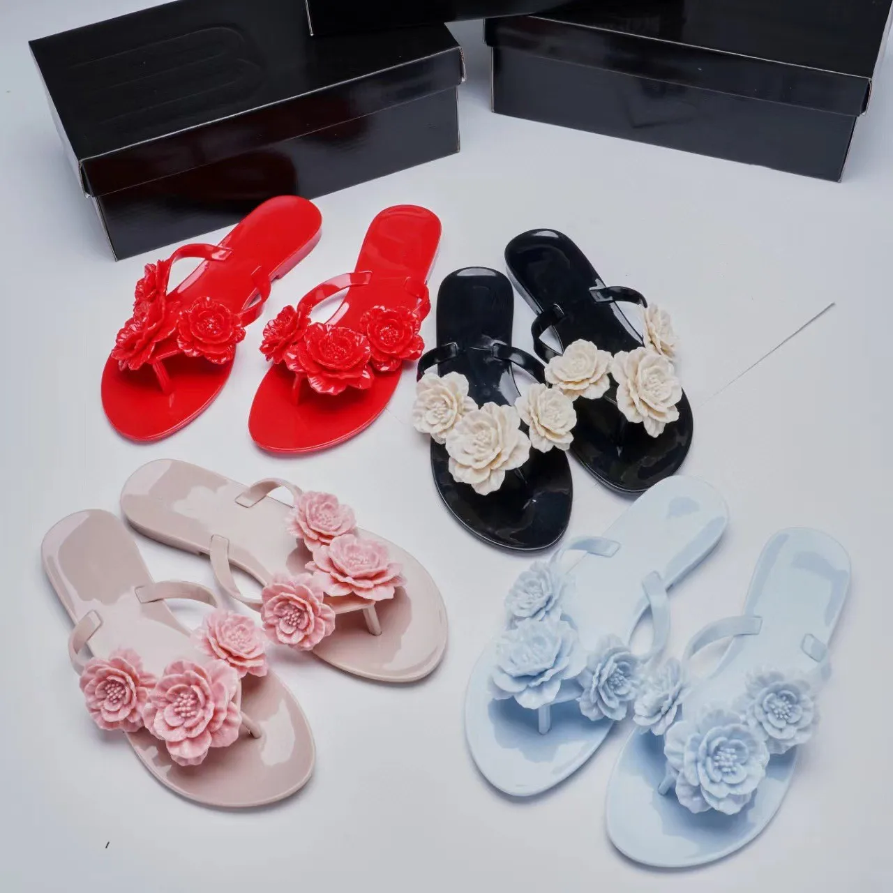 Hot Retro Fashion Summer Women Jelly Shoes Camellia flip-flops Ladies Outside Wearing Flat Beach Slippers SM233