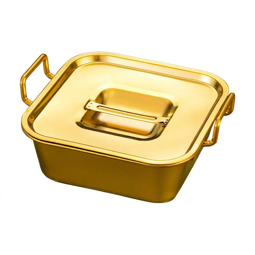 Modern Gold Metal Square Serving Plate Stainless Steel Snack Tray With Lid Double Handle For Home Party Catering Display
