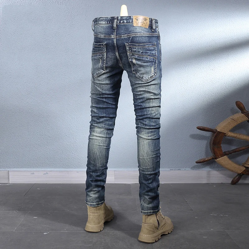 Moda Y2K nowe wysokiej jakości jeansy efekt sprania z nadrukiem retro, elastyczne, dopasowane, w stylu retro, niebieskie męskie jeansy designerskie wysokiej jakości