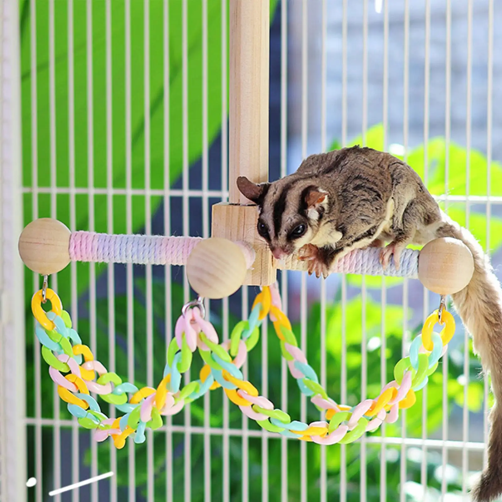 Vogelschaukel für Käfig Interaktives Rotierendes Holz-Vogelspielzeug Windmühlen-Design Kauspielzeug für Haustier-Vögel Papageien Frettchen Hamster