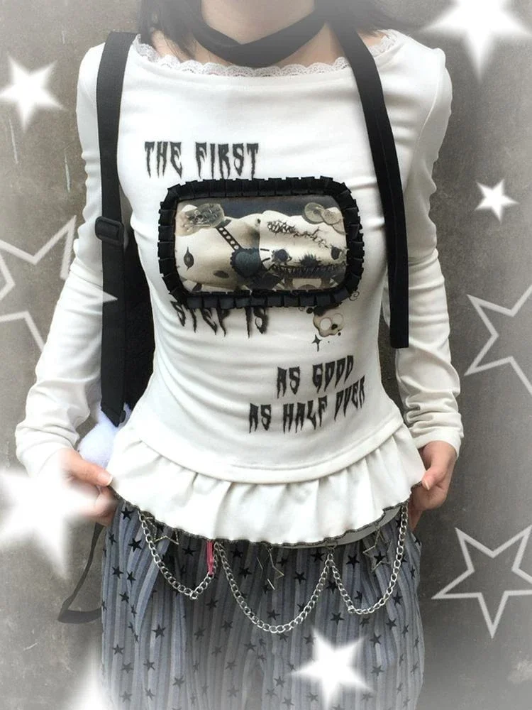 

Cartoon Print T Shirts Women Y2K Aesthetic Lace Patchwork Tops Harajuku Streetwear Ruffles Cute Slim Fit Grunge Female Blouse