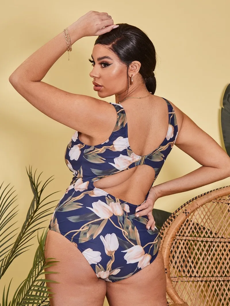 2024 Ruffle Swimsuit One Piece Large Plus Size Swimwear Women Beachwear Printed Bathers Bathing Swimming Swim Suit Female 4XL