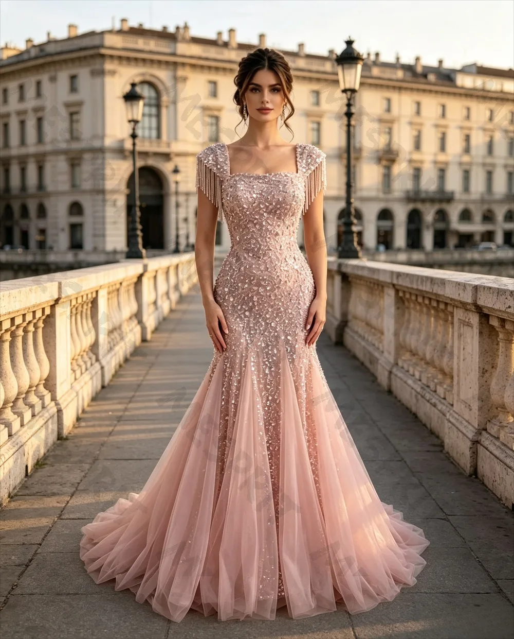 Customized Shiny Pink  Bead Crystal Mermaid Evening Gowns with Tassel Shoulder Strapless Mesh and Small Tail New Style Dresses