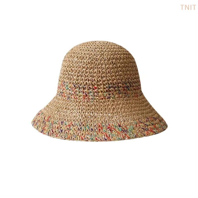 [J] Handwoven Rainbow Straw Hats Women Korean Summer Breathable Fisherman Caps Wide Brim Girl Beach Cap
