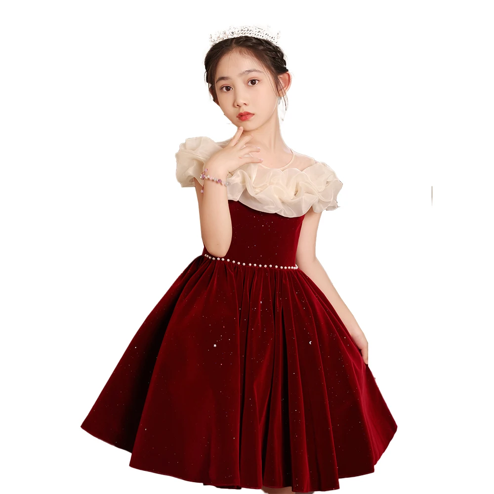 A-line round neck high-end velvet hot gold wine red girl dress flower girl dress bridesmaid dress wedding dress/ Custom Made