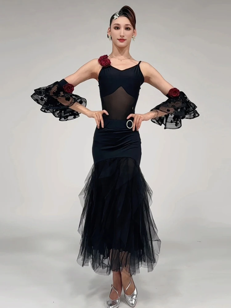 Sommer Ballroom Dance Kleid Schwarz Ärmellose Leistung Anzug Frauen Standard Modern Dance Outfit Walzer Praxis Kleid AMY2408