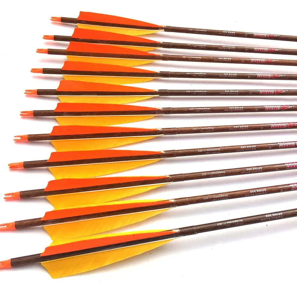 

12pcs Archery Carbon Arrows Wood Skin 32" SP300 5inch Turkey Feather Compound Recurve Traditional Bow Hunting