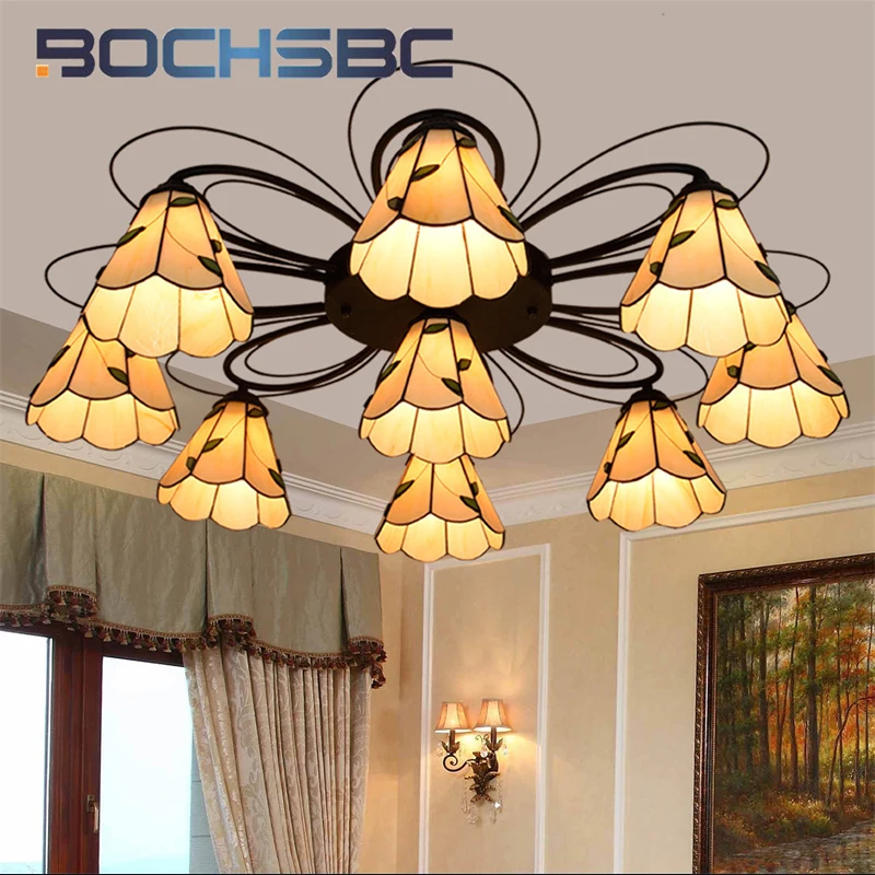 

BOCHSBC Tiffany stained glass overhead light Pastoral style leaves deco the bedroom living room dining room ceiling light