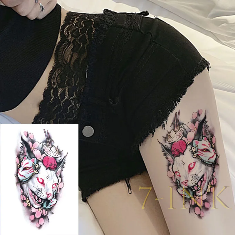 Temporary Tattoo Sticker Body Art Ukiyoe Sexy Girl Cat Pink Flower Skull Water Transfer Fake Tatoo Flash Tatto for Woman Man