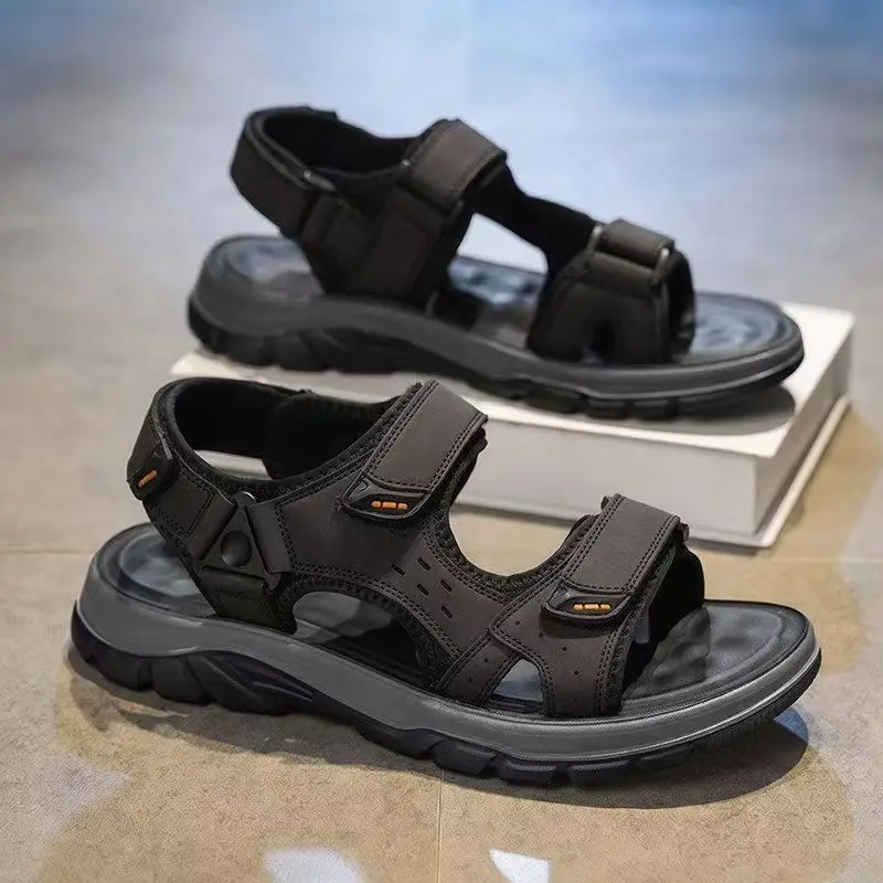 Men 2026 Summer New Leather One word Casuals Sports Sandals Soft sole Non Slip Anti Odor Velcro Outdoor Leather Beach Sandals