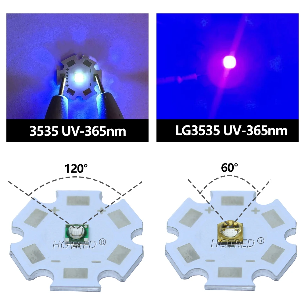 UV LED 1W 3W XPE 3535 Epileds LG Vertical Quartz Glass Chip 45mil Purple Light Beads 60/120Degree 365nm For Verify PrinterCuring