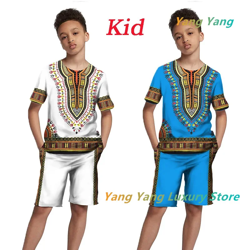 African Print Tracksuit Men/Kids Fashion T-shirts Suit Casual Shorts/Vintage Top Sport And Leisure Summer Clothes Set