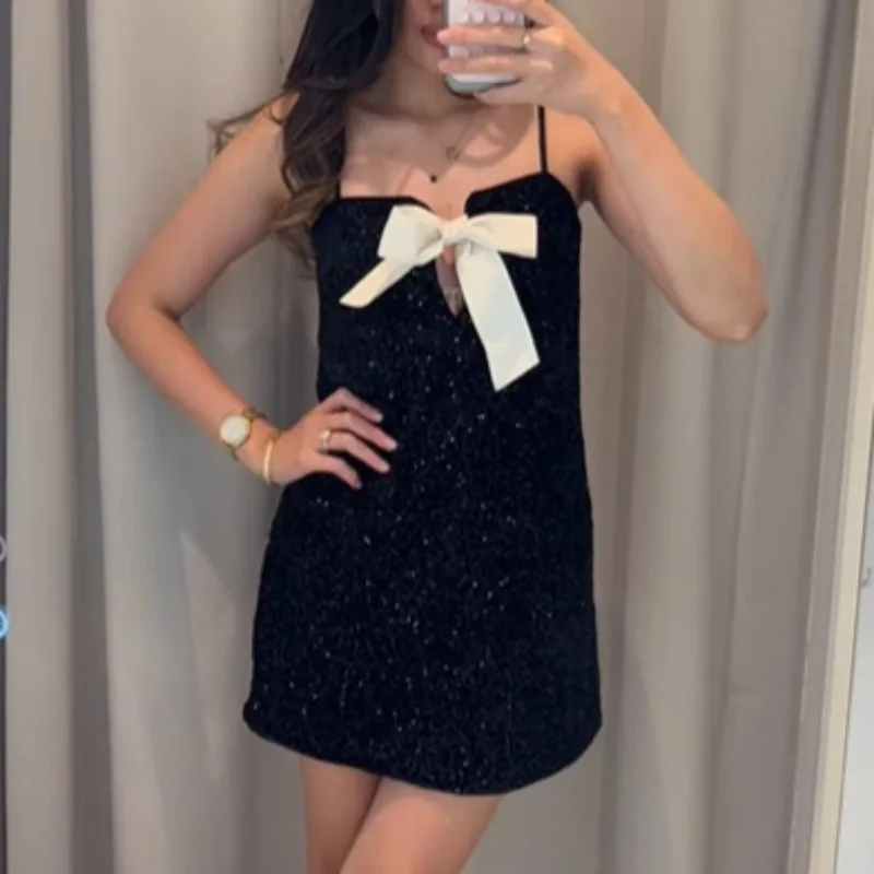 

Elegant temperament Sexy Backless Bow Sling Dresses for Summer Women's Dress New Skinny Loose Waist glitter Mini Dress Woman