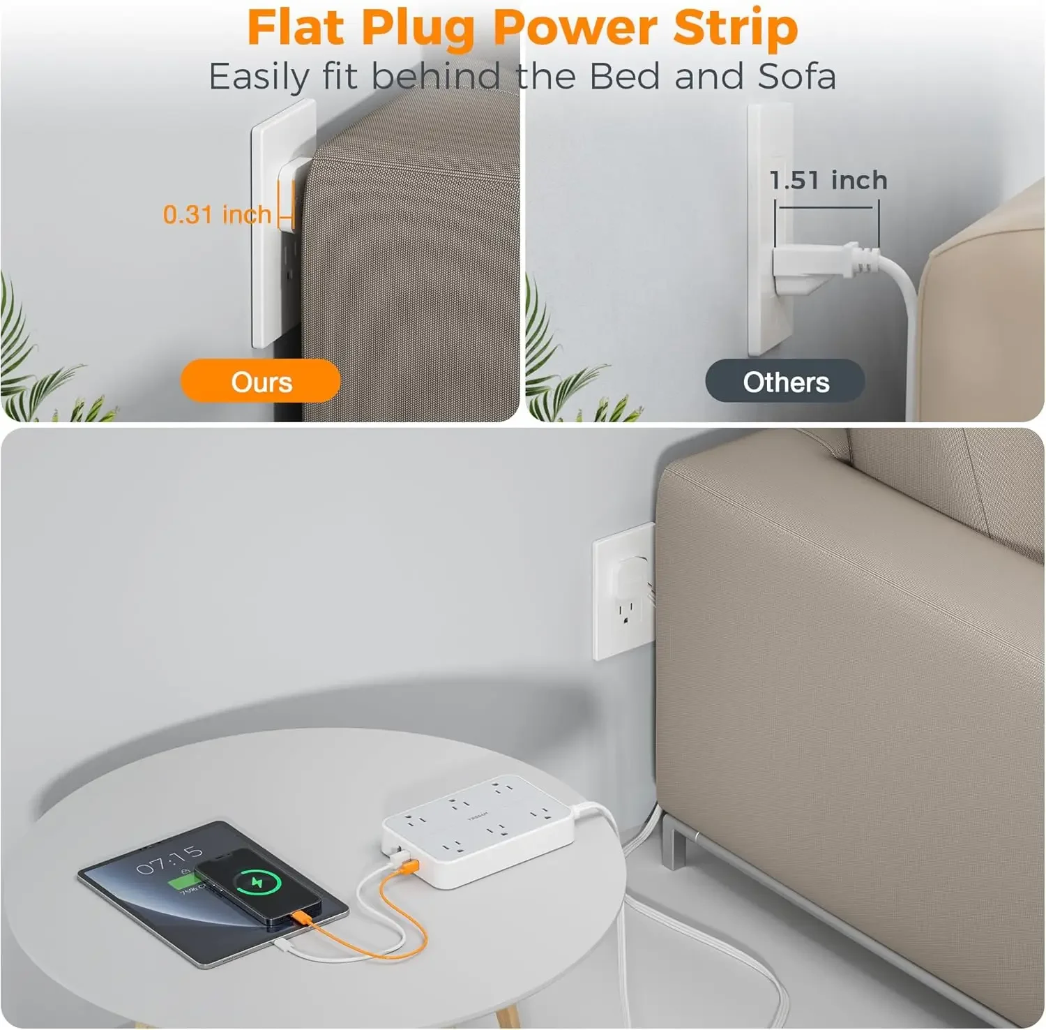 شريط طاقة متعدد التوصيل من تيسان مع 6 منافذ تيار متردد و3 شاحن تمديد مسطح USB بطول 10 أقدام مع حماية من زيادة التيار للمكتب المنزلي