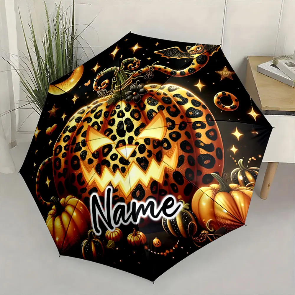Custom Name Halloween Themed Pumpkin Print Umbrella Design Print 8 Iron Ribs Folding Umbrella Auto-Open Fashion Sunshade