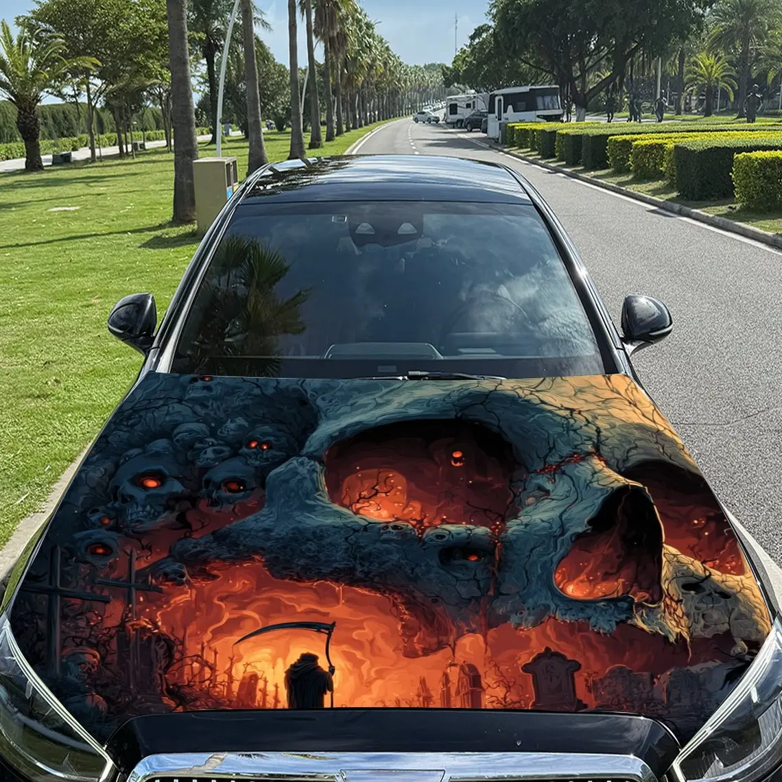 

Grim Reaper and Giant Skull Cemetery Car Vinyl Wrap, PVC Material Waterproof Car Hood Sticker, Self-Adhesive Scratch-Resistant S