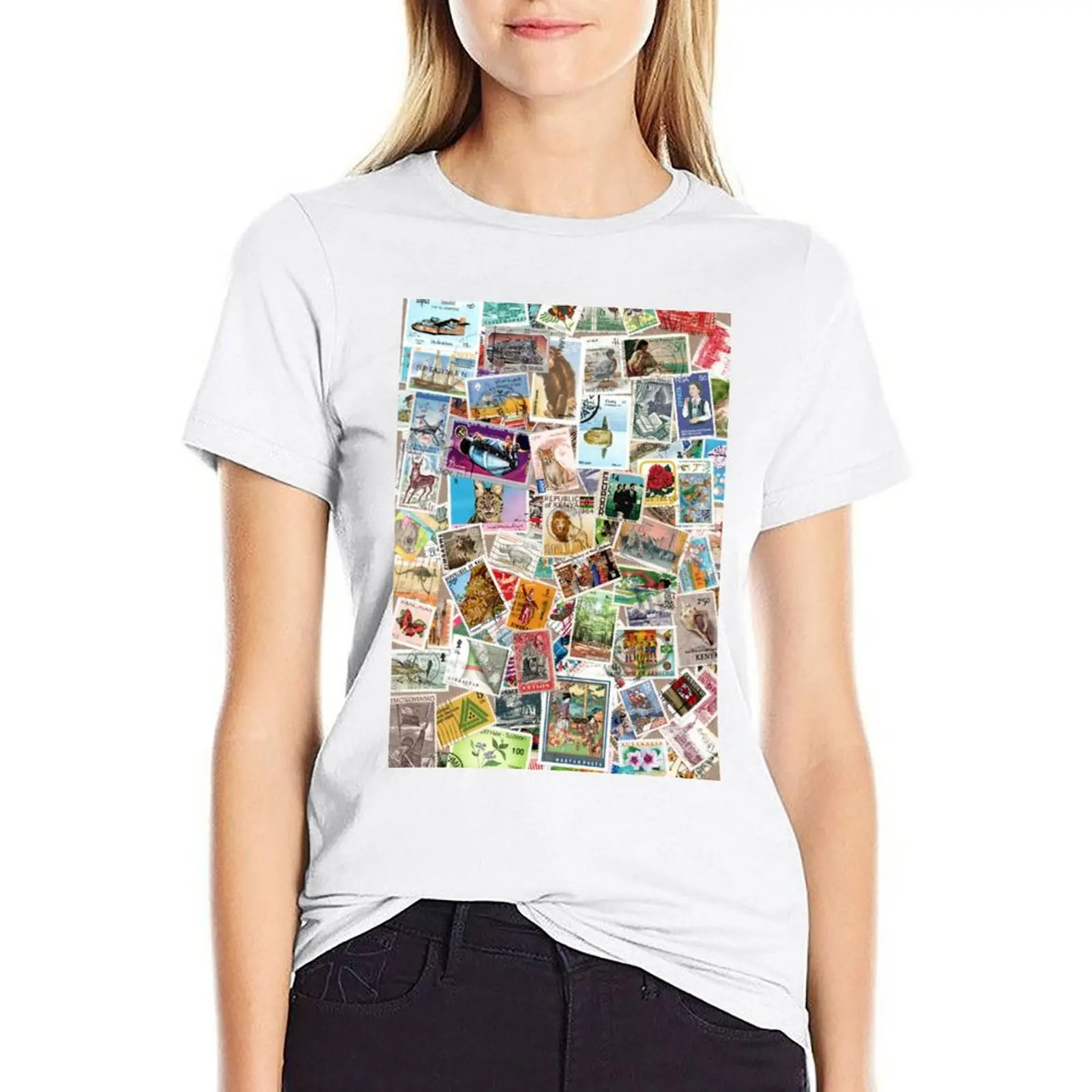 

Vintage postage stamps T-shirt anime clothes Short sleeve tee t-shirts for Women graphic tees funny