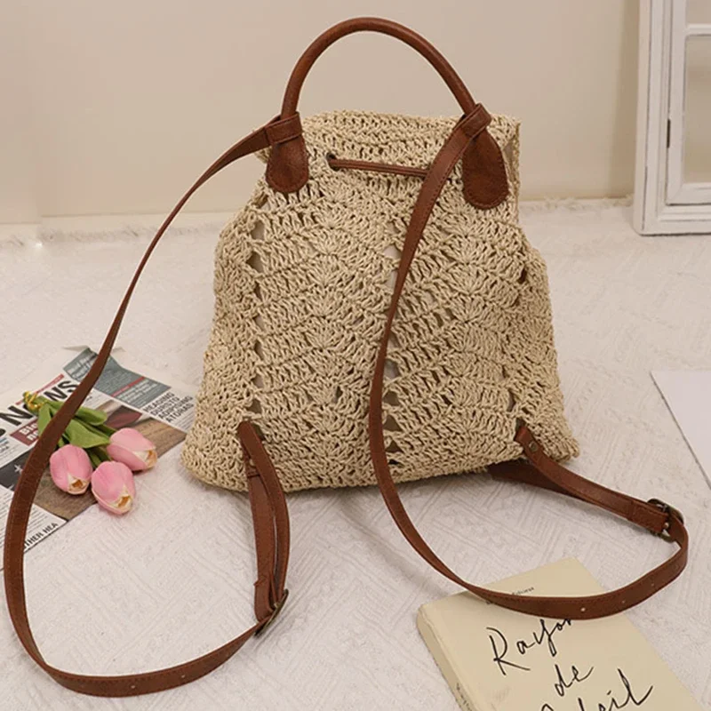 Women\'s Straw Backpack Summer Boho Bohemian Hollow Shoulder Bag Hobo Crochet Woven Travel Bags for Women Knitted Beach Back Pack